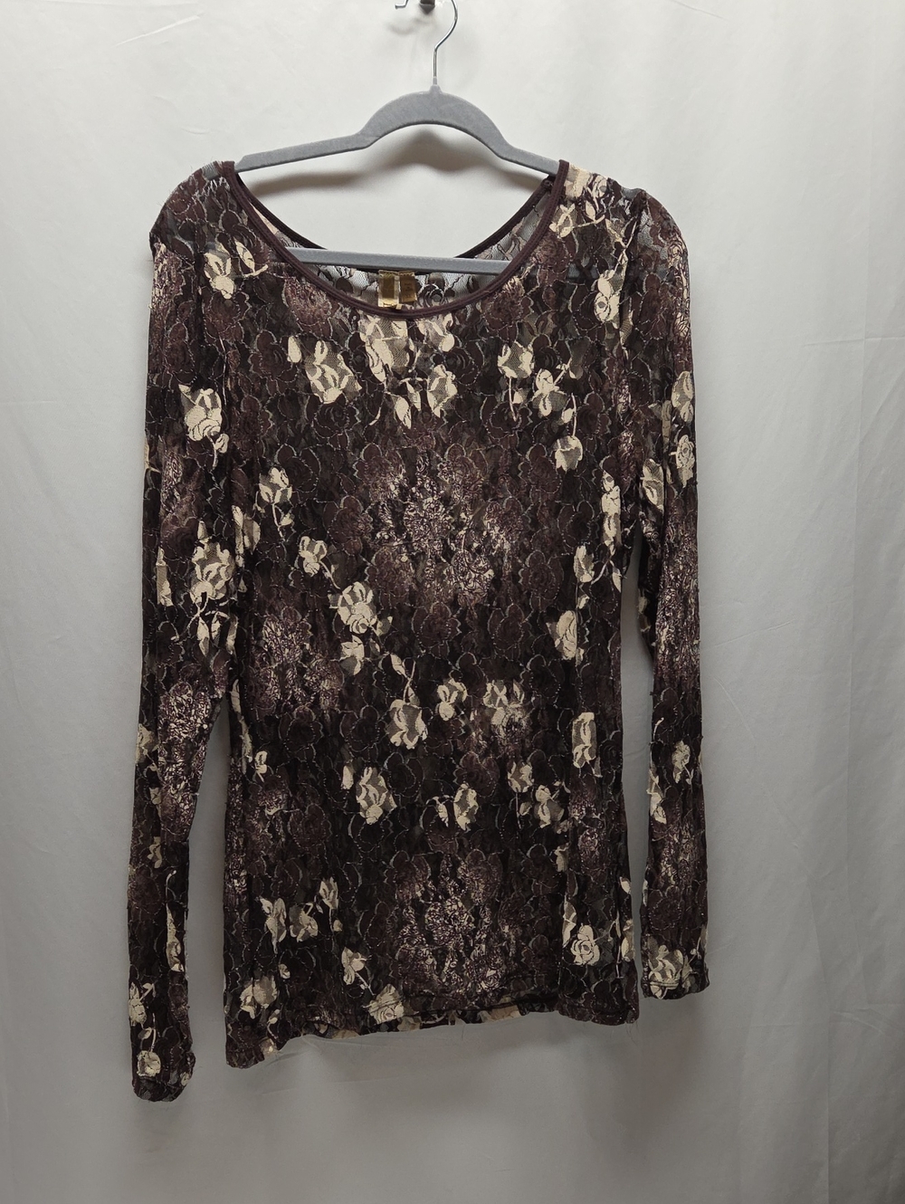 BKE Brown and Cream Floral Lace-Effect Sheer Long Sleeve Blouse Granola Fall
